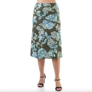 New 24/7 Comfort Apparel Womens Green Floral Elastic Waist Knee Length Skirt, S